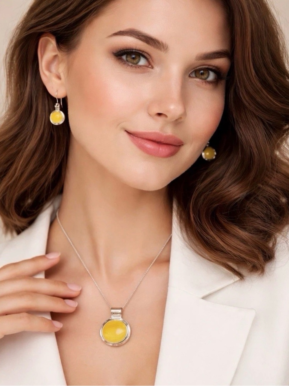 New $67 Sterling 925 Silver Genuine Yellow Agate jewelry necklace earring set